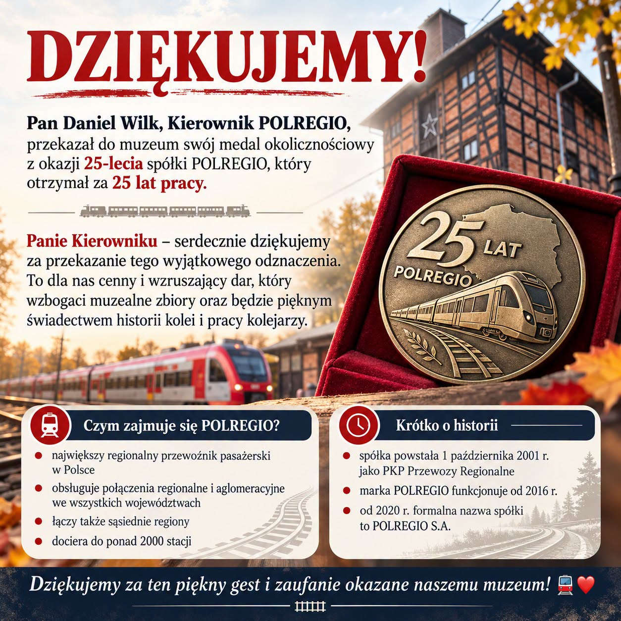 Dar dla Muzeum Kolei w Pile! Medal 25-lecia POLREGIO trafił do naszych zbiorów